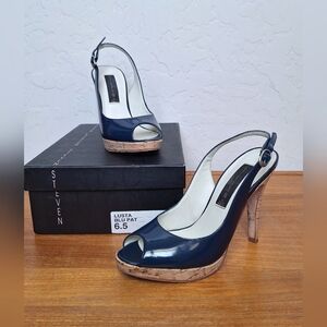Steve Madden Slingback Cork Heels Navy Blue Patent Leather Peep Toe Vintage Y2K